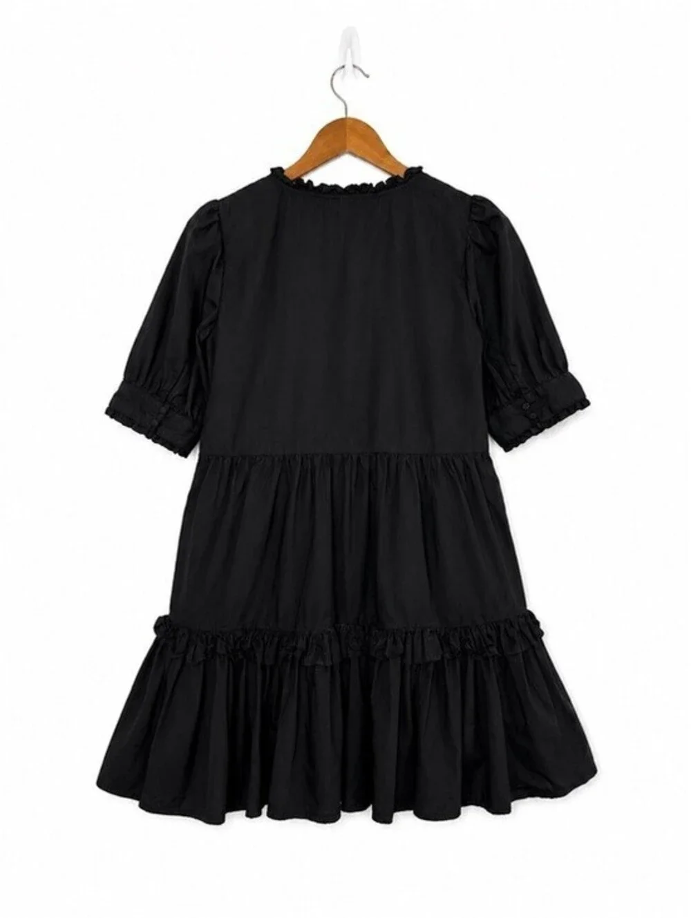 J.Crew Re-Imagined Black Cotton Poplin Ruffle Puff Sleeve Tiered Dress Small